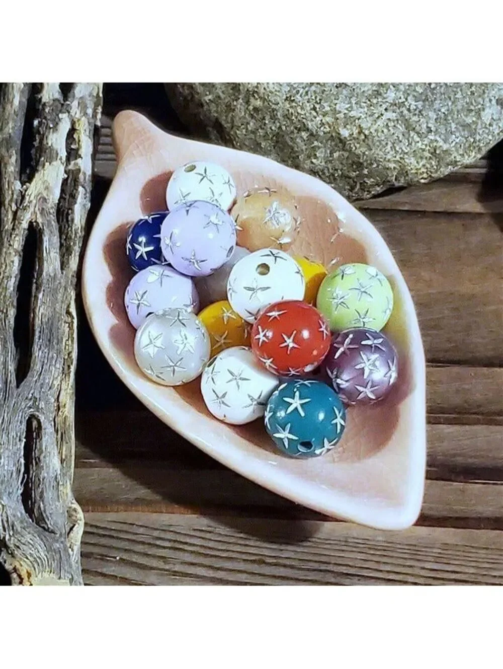 Vintage Retro Mixed Colors Silver Stars 12mm Round Acrylic Shabby Beads 10 pcs
